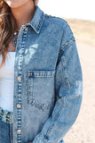 Studded Button Up Raw Hem Denim Jacket