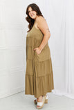 Zenana Full Size Spaghetti Strap Tiered Dress with Pockets in Khaki