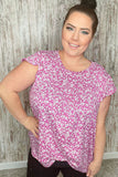 Fuchsia Floral Yoke Ruffle Short Sleeve Top (dropship)