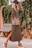 Round Neck Leopard Print Long Sleeve Slit Dress