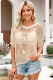 Openwork Round Neck Half Sleeve Knit Top