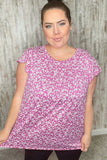 Fuchsia Floral Yoke Ruffle Short Sleeve Top (dropship)