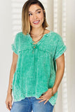 Zenana Washed Raw Hem Short Sleeve Blouse with Pockets