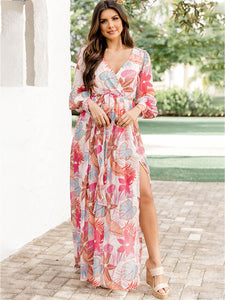 Plus Size V-Neck Printed Slit Dress