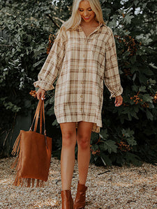 Plaid Collared Neck Long Sleeve Shirt Dress