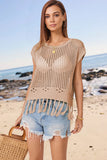 Openwork Cap Sleeve Knit Cover Up with Tassel