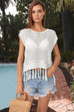 Openwork Cap Sleeve Knit Cover Up with Tassel