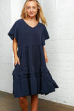 Navy Crepe V Neck Multi Tiered Woven Dress (dropship)