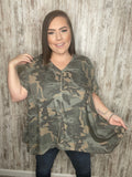 Camo Shark Bite Handkerchief Hem Knit Top (dropship)