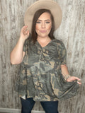 Camo Shark Bite Handkerchief Hem Knit Top (dropship)
