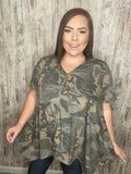 Camo Shark Bite Handkerchief Hem Knit Top (dropship)