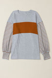 Striped Round Neck Lantern Sleeve Sweatshirt