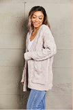 Woven Right Cable-Knit Open Front Cardigan with Front Pockets