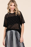 GeeGee Round Neck Drop Shoulder Mesh Glitter Top