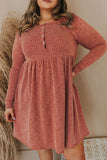 Plus Size Round Neck Long Sleeve Button-Up Midi Dress