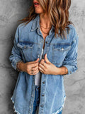 Frayed Hem Collared Denim Jacket