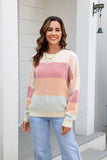 Waffle-Knit Round Neck Dropped Shoulder Color Block Sweater