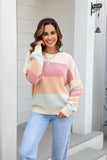 Waffle-Knit Round Neck Dropped Shoulder Color Block Sweater